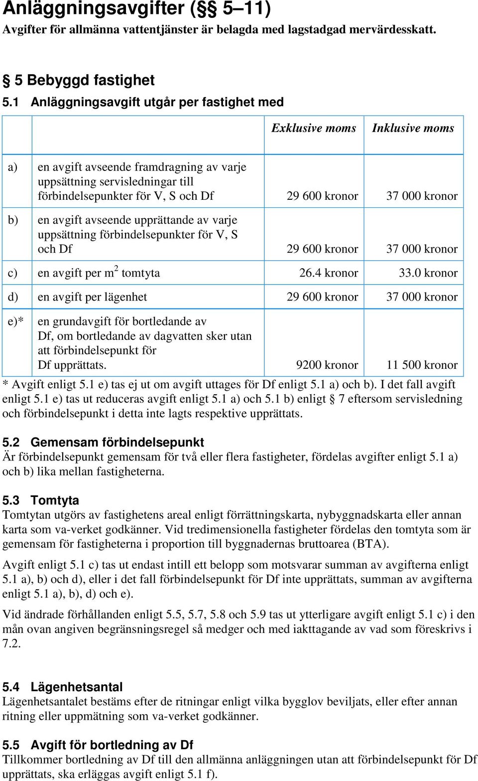 37 000 kronor b) en avgift avseende upprättande av varje uppsättning förbindelsepunkter för V, S och Df 29 600 kronor 37 000 kronor c) en avgift per m 2 tomtyta 26.4 kronor 33.