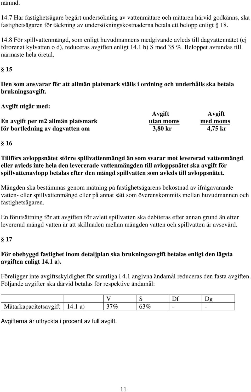 Avgift utgår med: Avgift Avgift En avgift per m2 allmän platsmark utan moms med moms för bortledning av dagvatten om 3,80 kr 4,75 kr 16 Tillförs avloppsnätet större spillvattenmängd än som svarar mot