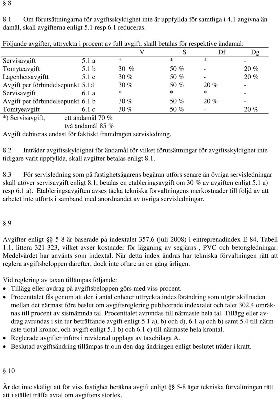 1 c 30 % 50 % - 20 % Avgift per förbindelsepunkt 5.1d 30 % 50 % 20 % - Servisavgift 6.1 a * * * - Avgift per förbindelsepunkt 6.1 b 30 % 50 % 20 % - Tomtyeavgift 6.