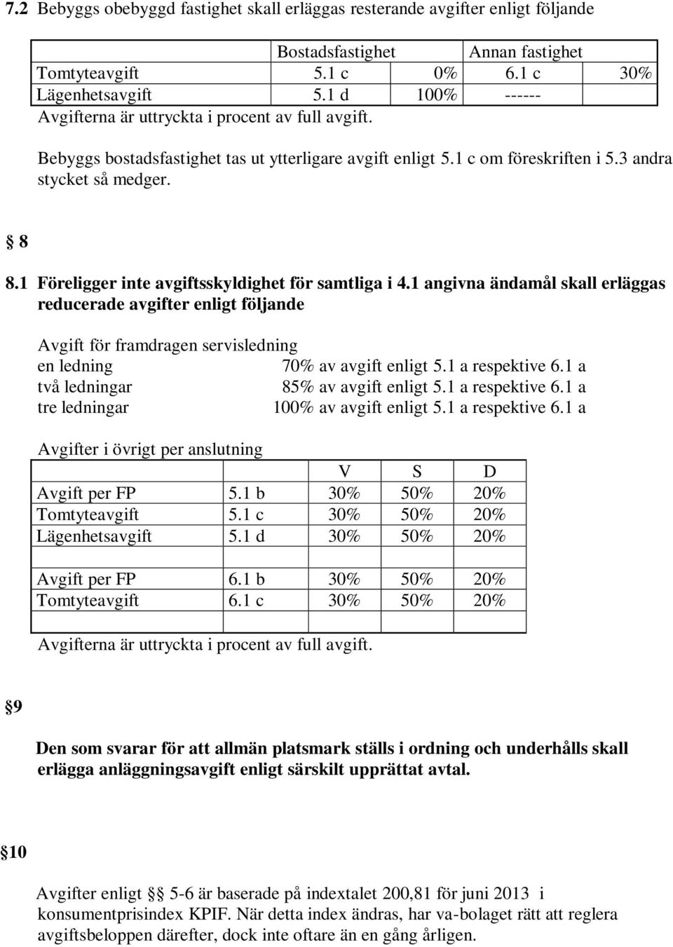 1 Föreligger inte avgiftsskyldighet för samtliga i 4.1 angivna ändamål skall erläggas reducerade avgifter enligt följande Avgift för framdragen servisledning en ledning 70% av avgift enligt 5.