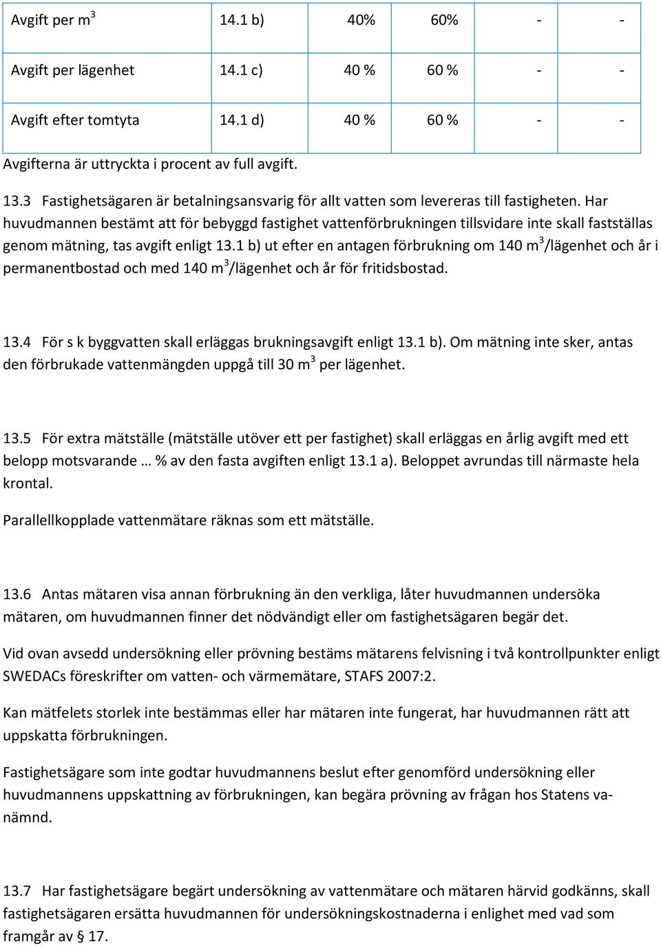 Har huvudmannen bestämt att för bebyggd fastighet vattenförbrukningen tillsvidare inte skall fastställas genom mätning, tas avgift enligt 13.
