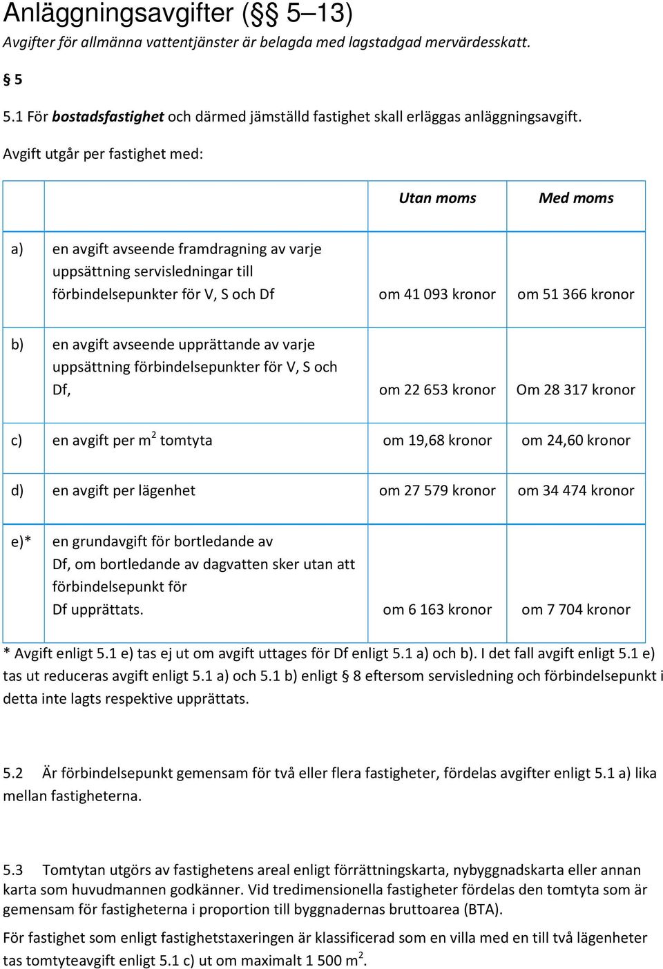 en avgift avseende upprättande av varje uppsättning förbindelsepunkter för V, S och Df, om 22 653 kronor Om 28 317 kronor c) en avgift per m 2 tomtyta om 19,68 kronor om 24,60 kronor d) en avgift per