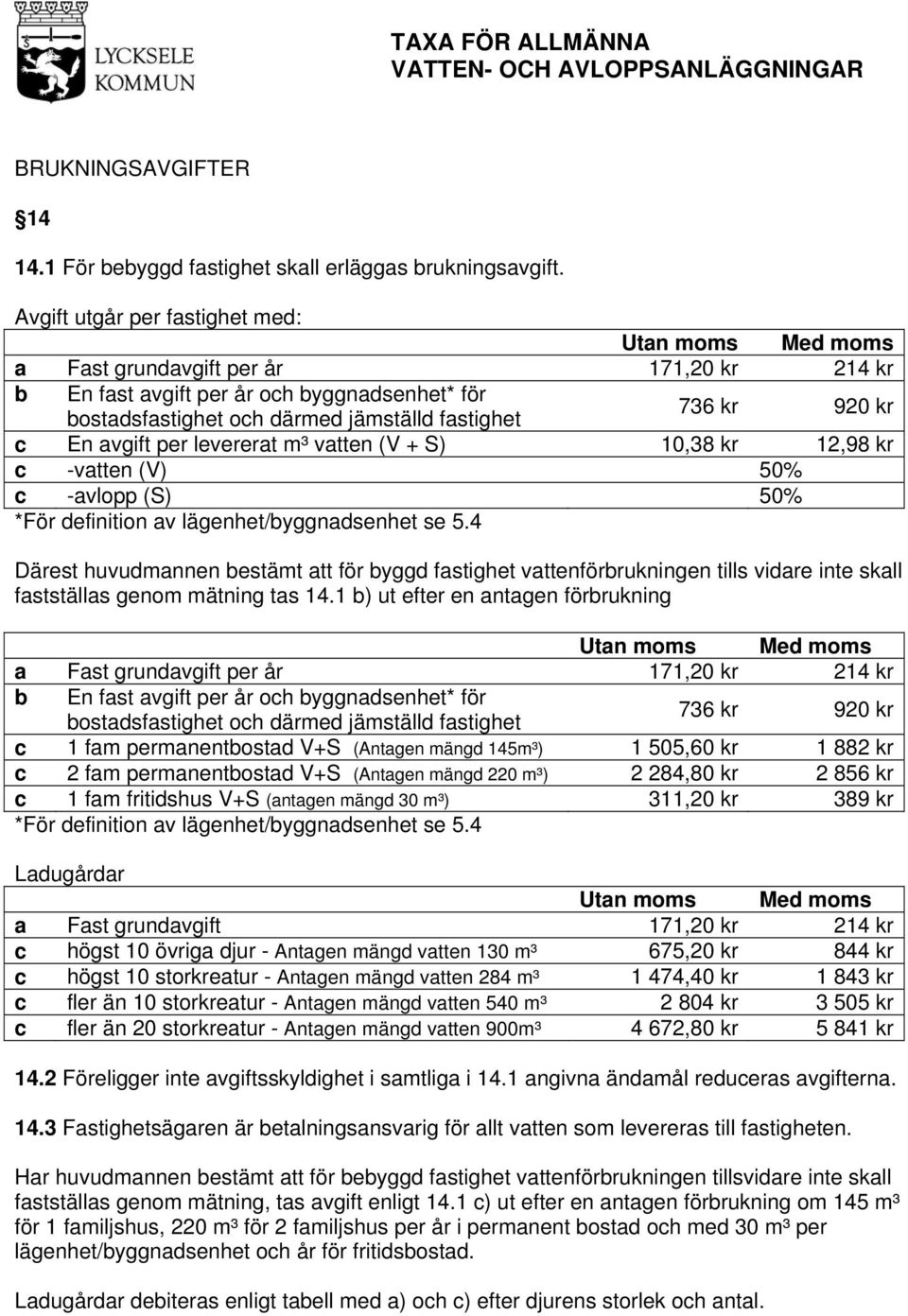levererat m³ vatten (V + S) 10,38 kr 12,98 kr c -vatten (V) 50% c -avlopp (S) 50% *För definition av lägenhet/byggnadsenhet se 5.