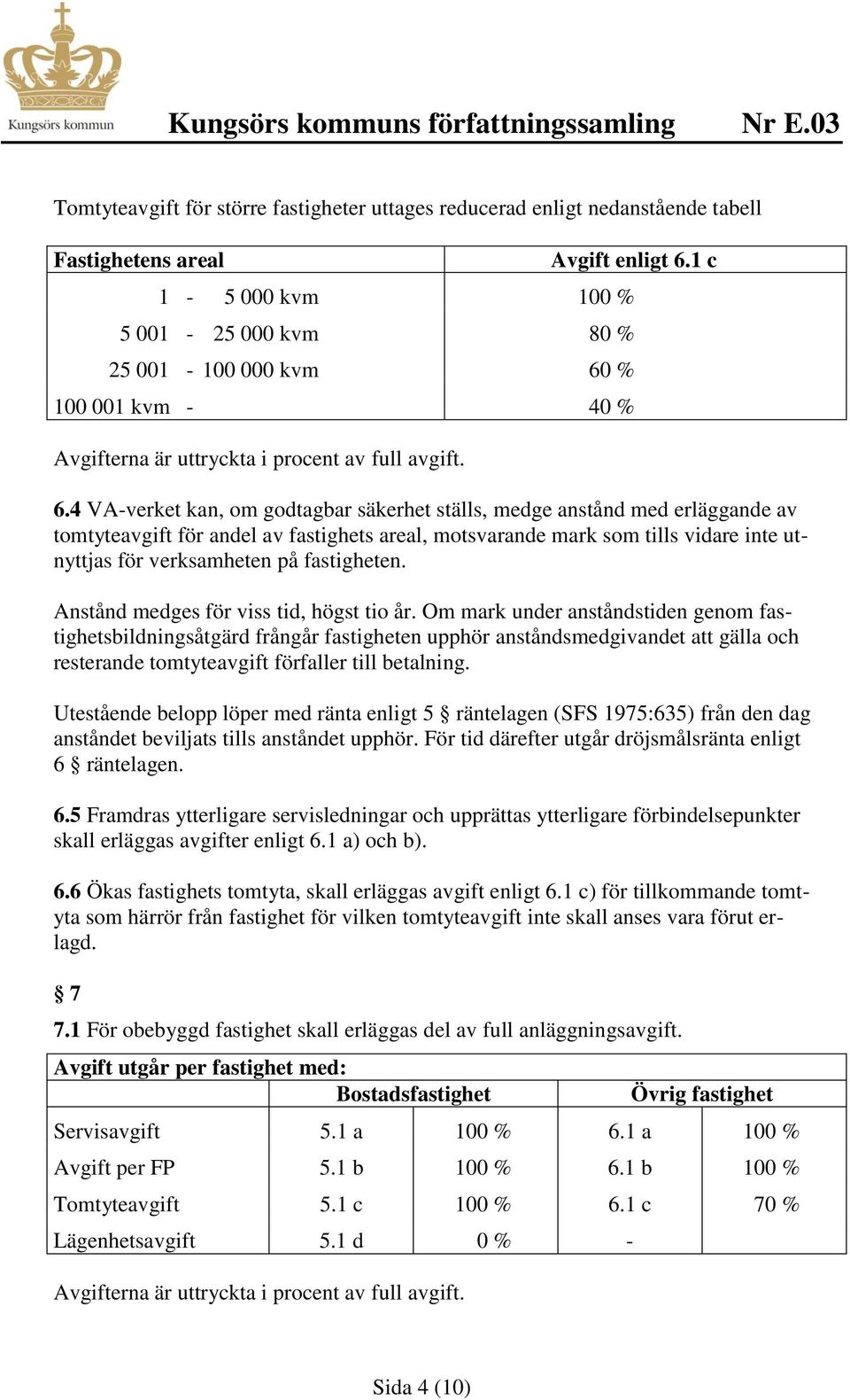 % 100 001 kvm - 40 % Avgifterna är uttryckta i procent av full avgift. 6.