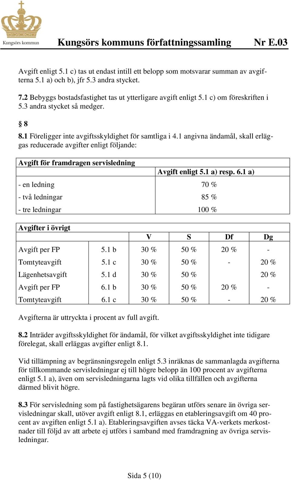 1 angivna ändamål, skall erläggas reducerade avgifter enligt följande: Avgift för framdragen servisledning Avgift enligt 5.1 a) resp. 6.