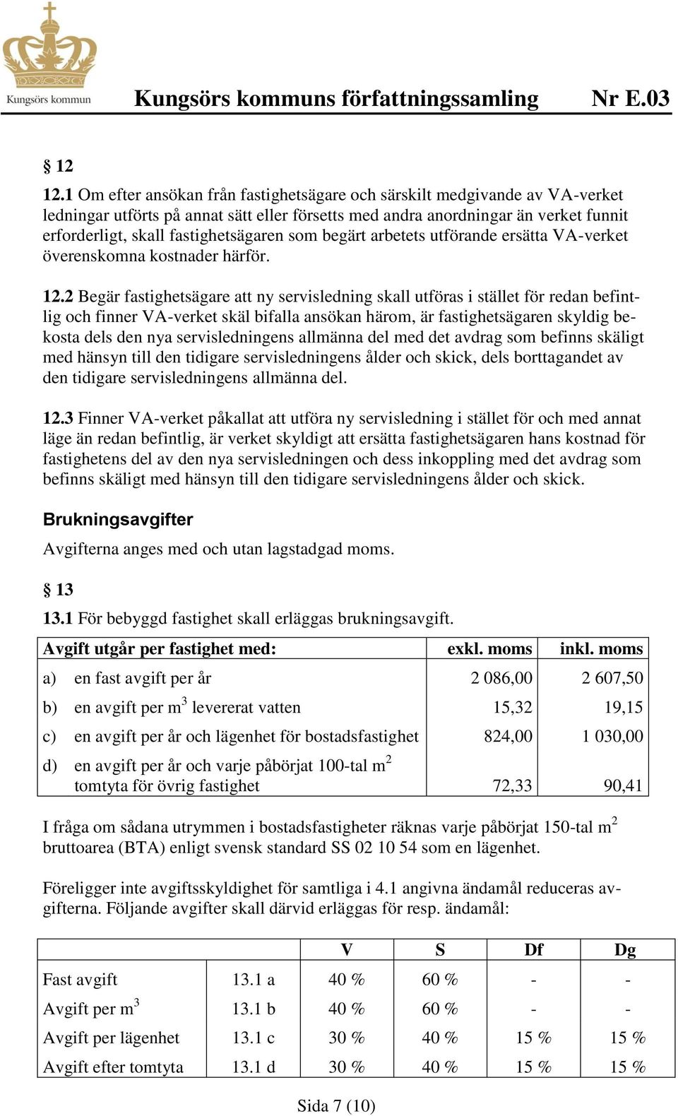 som begärt arbetets utförande ersätta VA-verket överenskomna kostnader härför. 12.