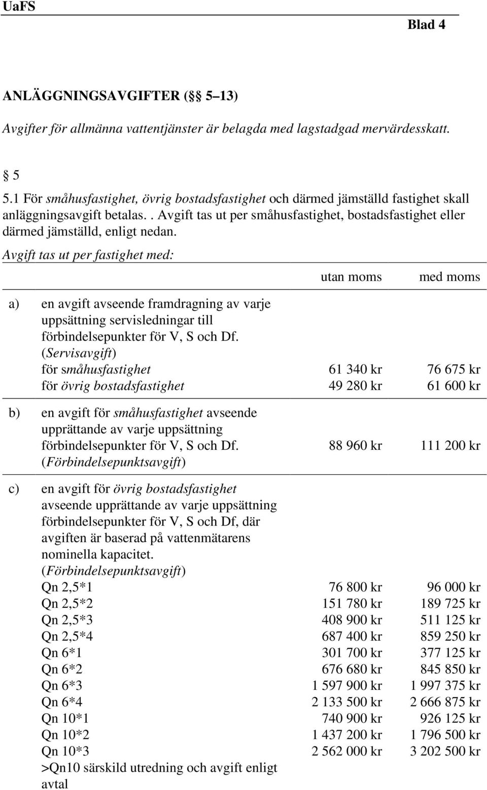 Avgift tas ut per fastighet med: utan moms med moms a) en avgift avseende framdragning av varje uppsättning servisledningar till förbindelsepunkter för V, S och Df.