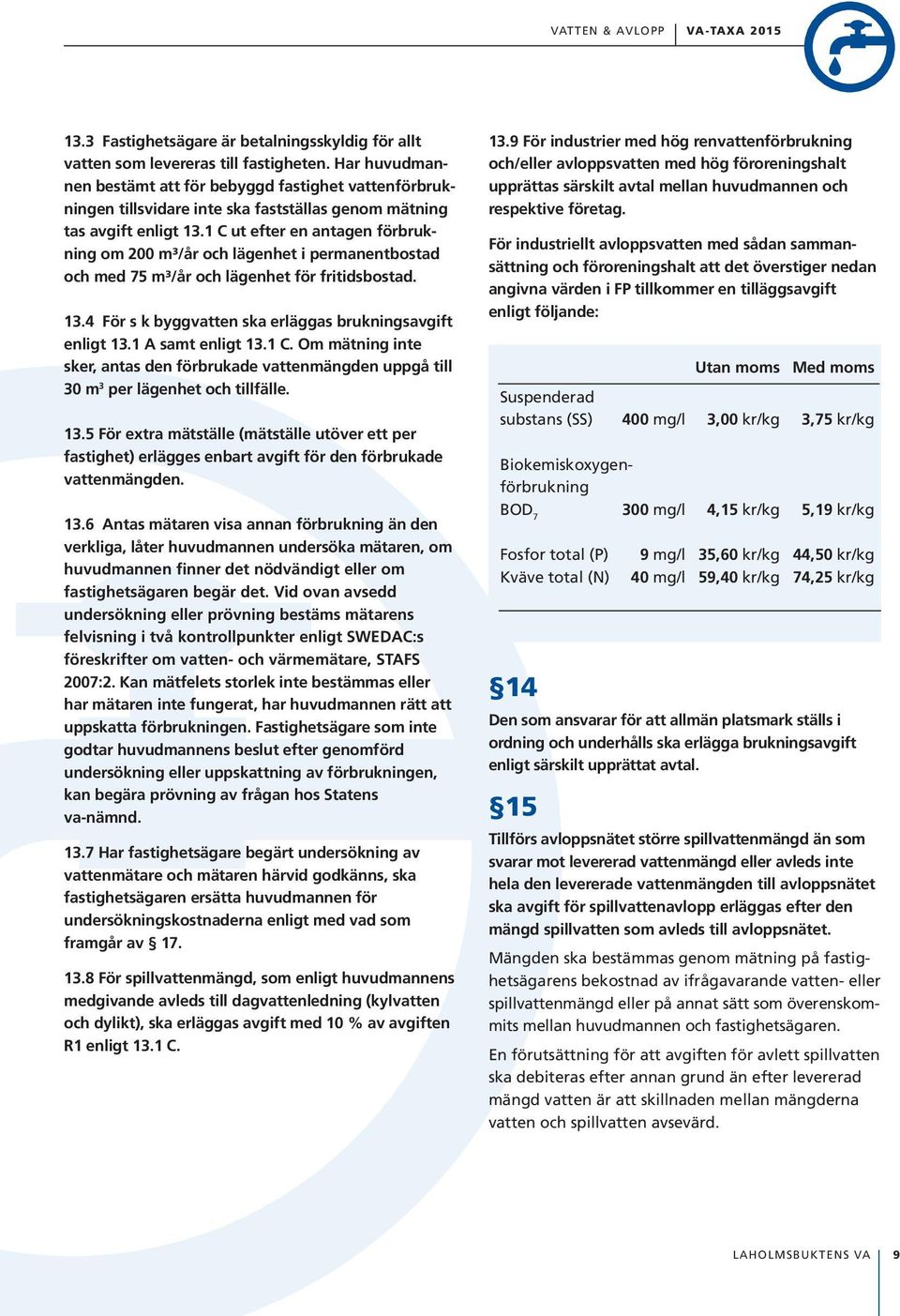 1 C ut efter en antagen förbrukning om 200 m³/år och lägenhet i permanentbostad och med 75 m³/år och lägenhet för fritidsbostad. 13.4 För s k byggvatten ska erläggas brukningsavgift enligt 13.