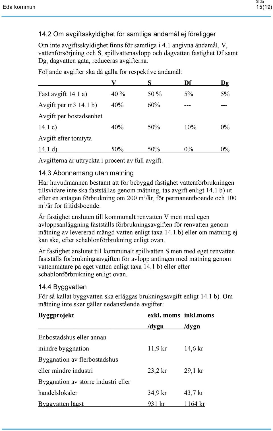 Följande avgifter ska då gälla för respektive ändamål: V S Df Dg Fast avgift 14.1 a) 40 % 50 % 5% 5% Avgift per m3 14.1 b) 40% 60% --- --- Avgift per bostadsenhet 14.