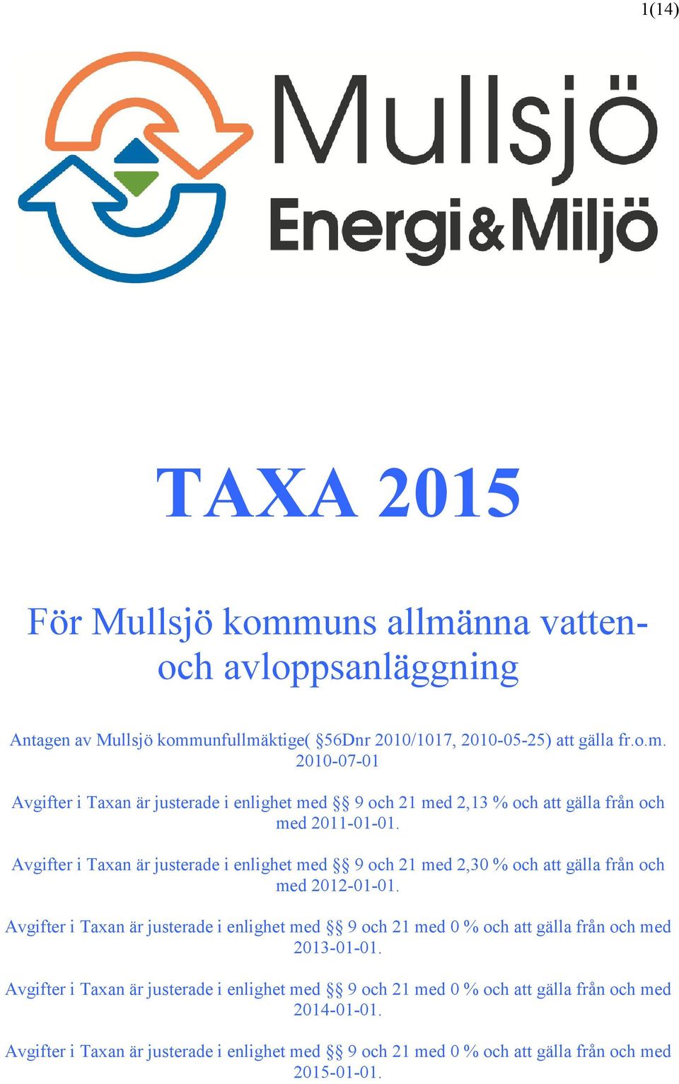 Avgifter i Taxan är justerade i enlighet med 9 och 21 med 0 % och att gälla från och med 2013-01-01.