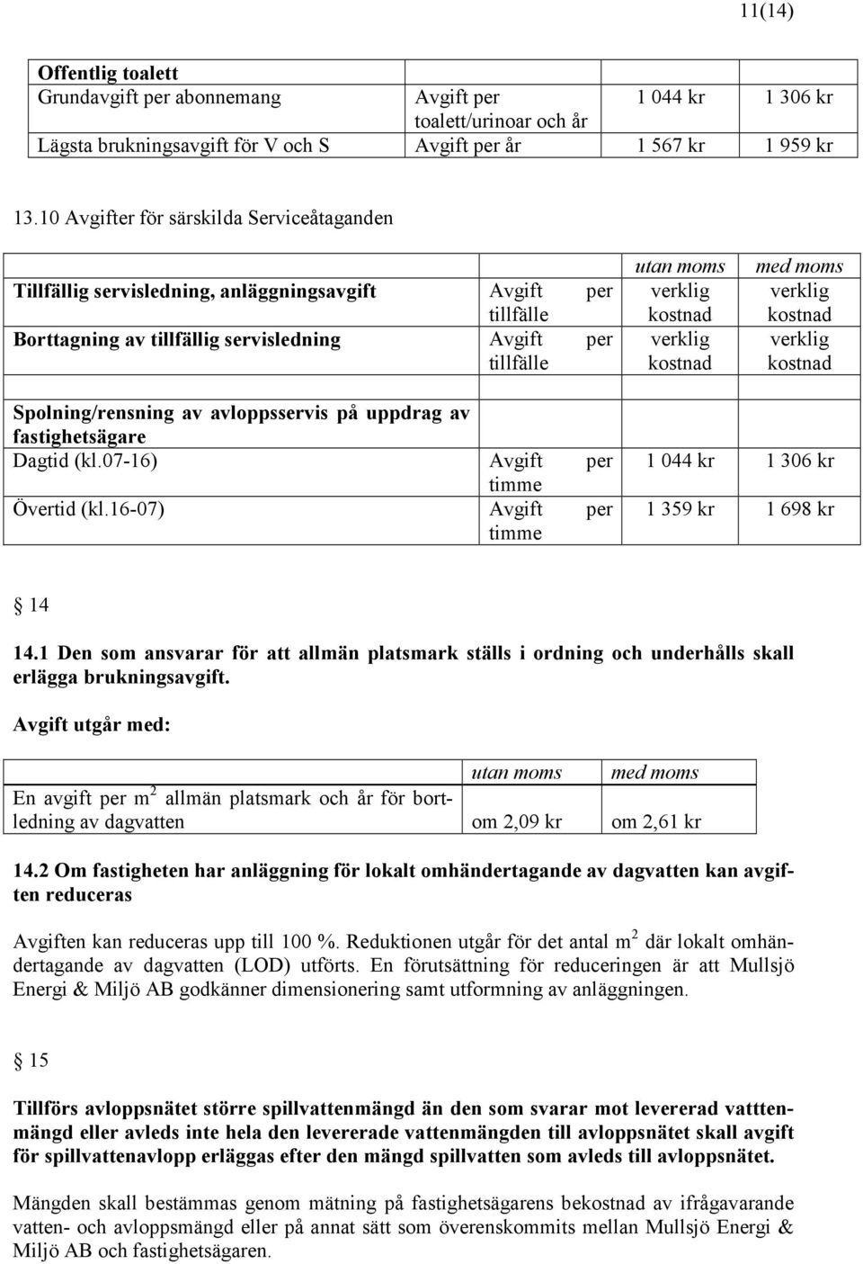 verklig kostnad med moms verklig kostnad verklig kostnad Spolning/rensning av avloppsservis på uppdrag av fastighetsägare Dagtid (kl.07-16) Avgift per timme Övertid (kl.