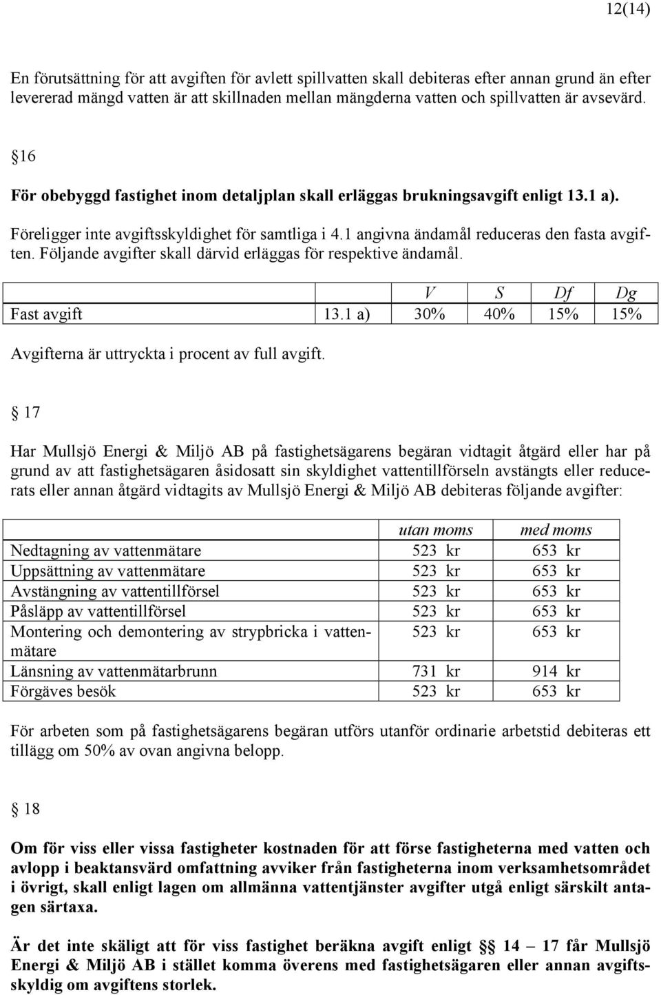 Följande avgifter skall därvid erläggas för respektive ändamål. V S Df Dg Fast avgift 13.1 a) 30% 40% 15% 15% Avgifterna är uttryckta i procent av full avgift.