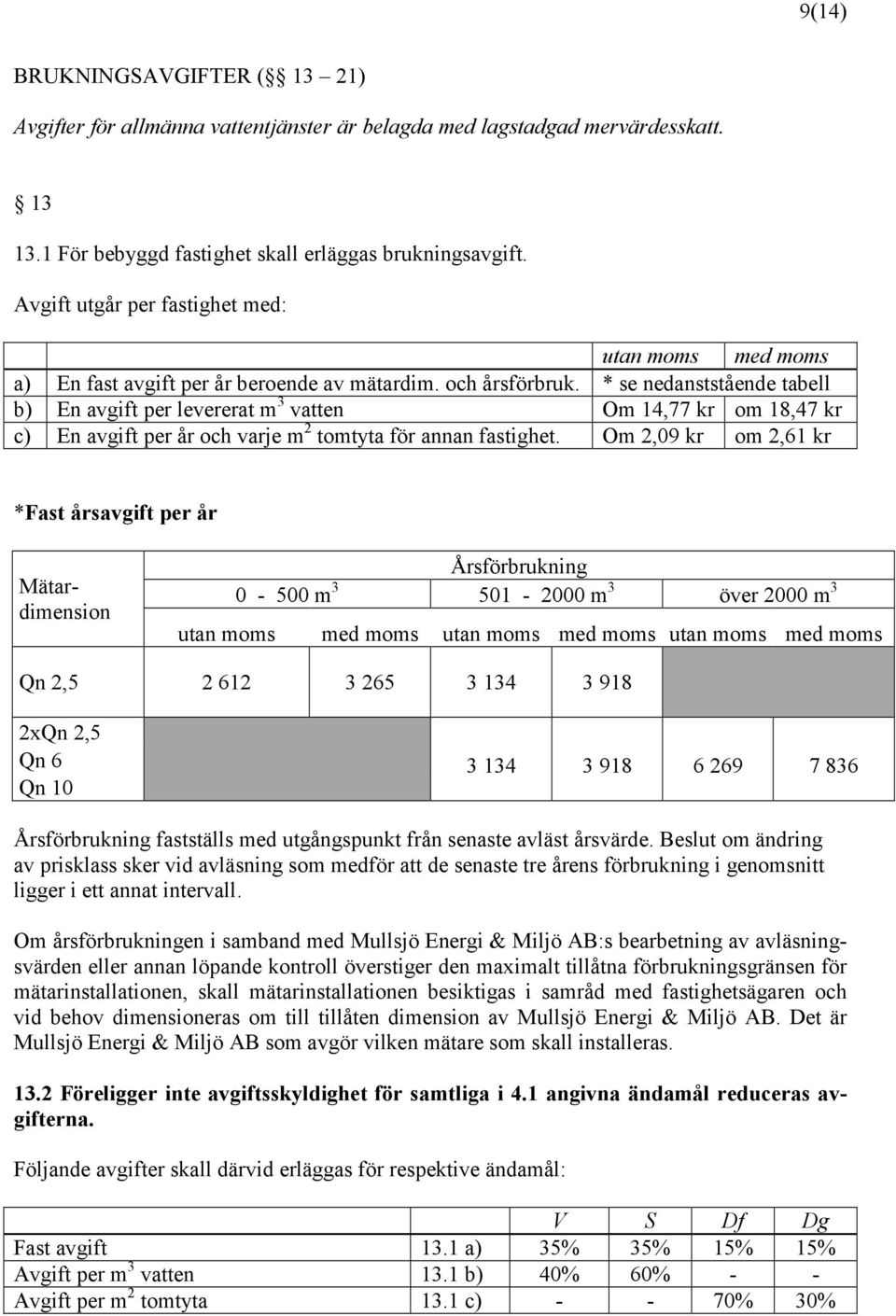 * se nedanststående tabell b) En avgift per levererat m 3 vatten Om 14,77 kr om 18,47 kr c) En avgift per år och varje m 2 tomtyta för annan fastighet.