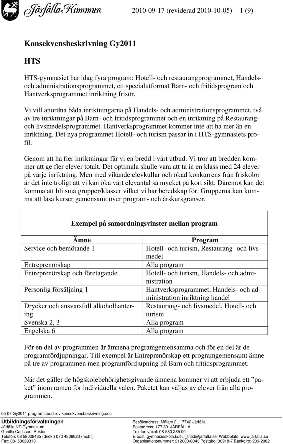 Vi vill anordna båda inriktningarna på Handels- och administrationsprogrammet, två av tre inriktningar på Barn- och fritidsprogrammet och en inriktning på Restaurangoch livsmedelsprogrammet.