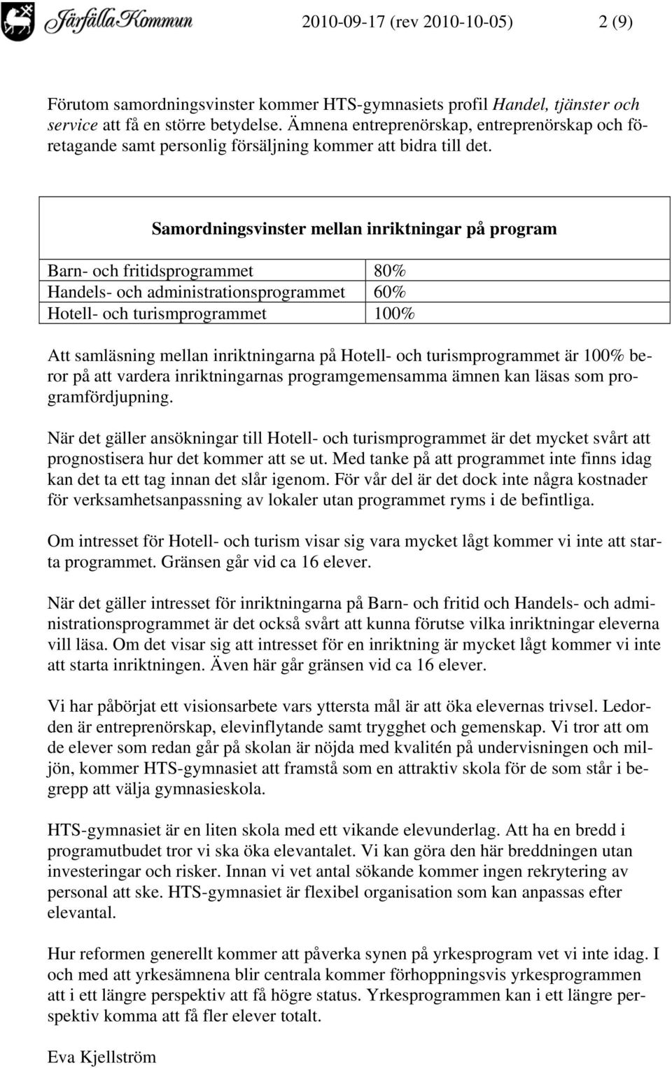 Samordningsvinster mellan inriktningar på program Barn- och fritidsprogrammet 80% Handels- och administrationsprogrammet 60% Hotell- och turismprogrammet 100% Att samläsning mellan inriktningarna på