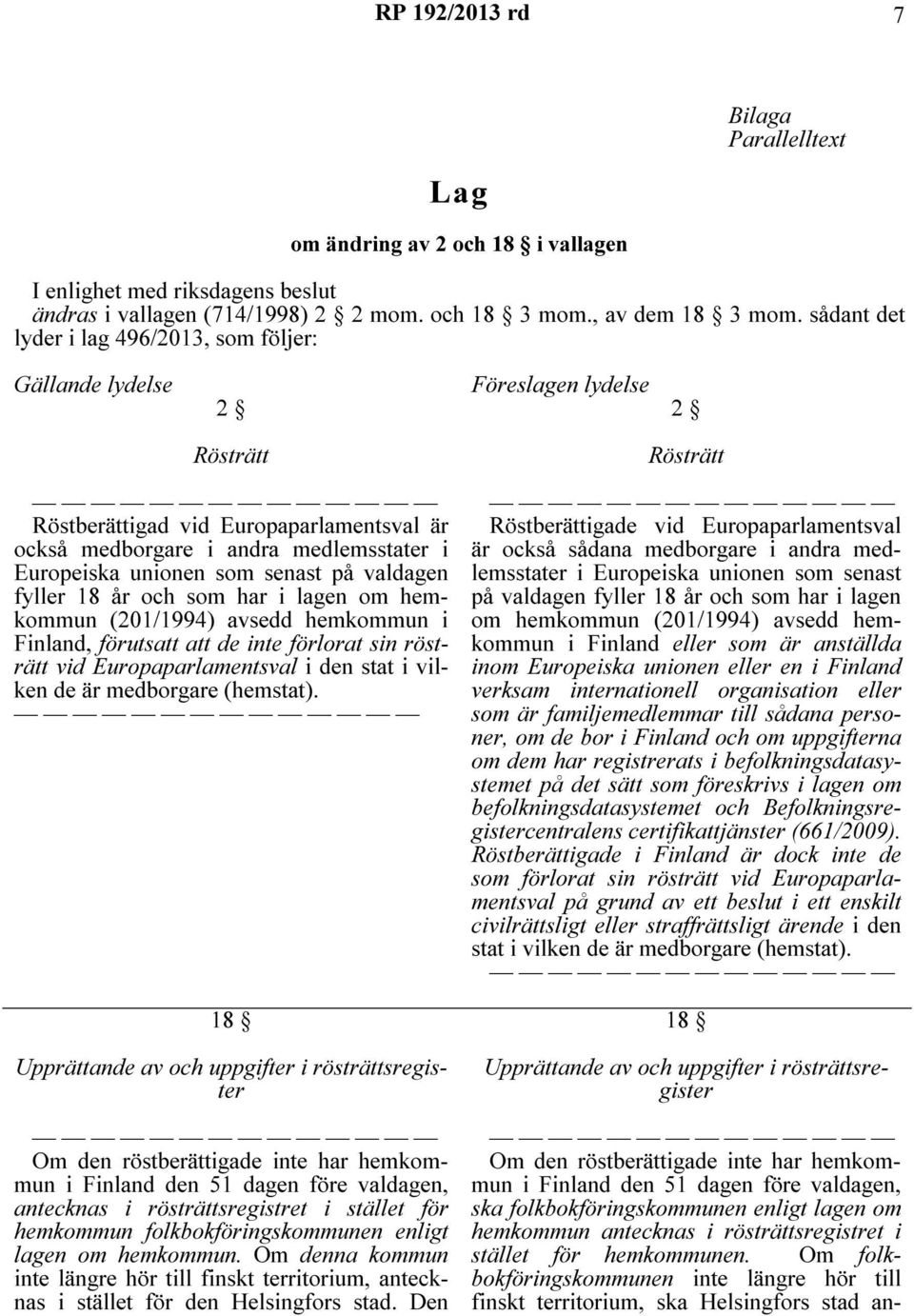 senast på valdagen fyller 18 år och som har i lagen om hemkommun (201/1994) avsedd hemkommun i Finland, förutsatt att de inte förlorat sin rösträtt vid Europaparlamentsval i den stat i vilken de är