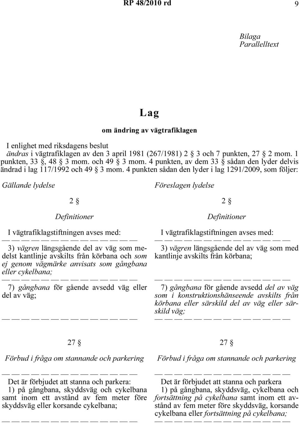 4 punkten sådan den lyder i lag 1291/2009, som följer: Gällande lydelse Föreslagen lydelse 2 Definitioner I vägtrafiklagstiftningen avses med: 3) vägren längsgående del av väg som medelst kantlinje