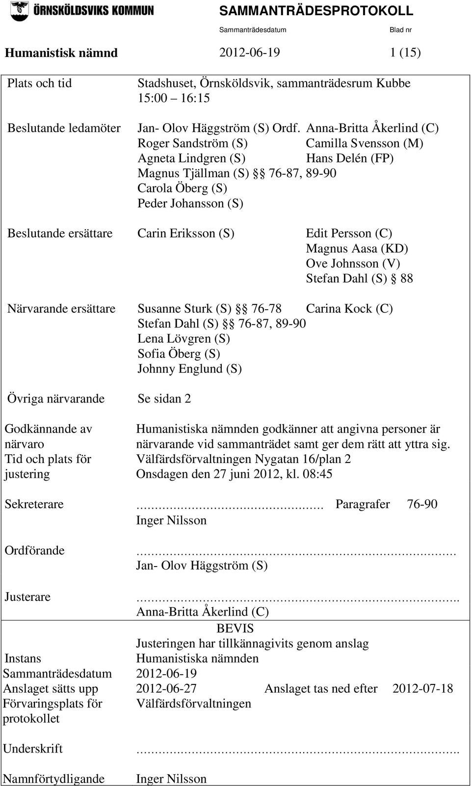 Eriksson (S) Edit Persson (C) Magnus Aasa (KD) Ove Johnsson (V) Stefan Dahl (S) 88 Närvarande ersättare Susanne Sturk (S) 76-78 Carina Kock (C) Stefan Dahl (S) 76-87, 89-90 Lena Lövgren (S) Sofia