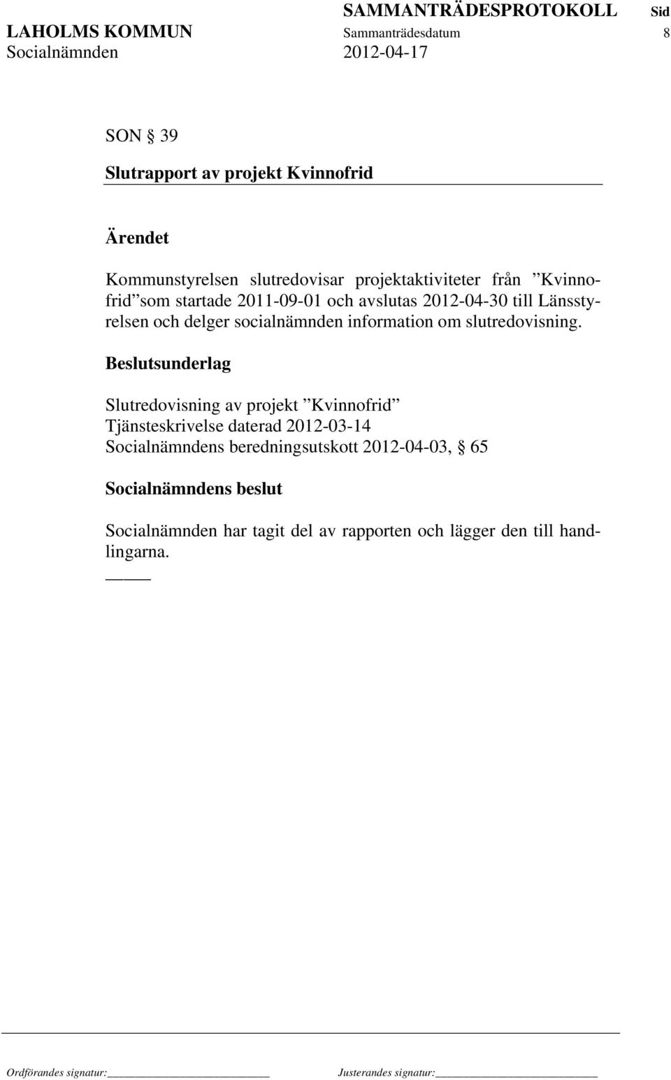 socialnämnden information om slutredovisning.