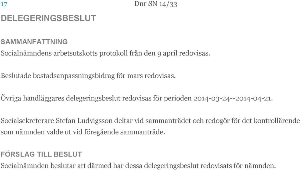 Övriga handläggares delegeringsbeslut redovisas för perioden 2014-03-24--2014-04-21.
