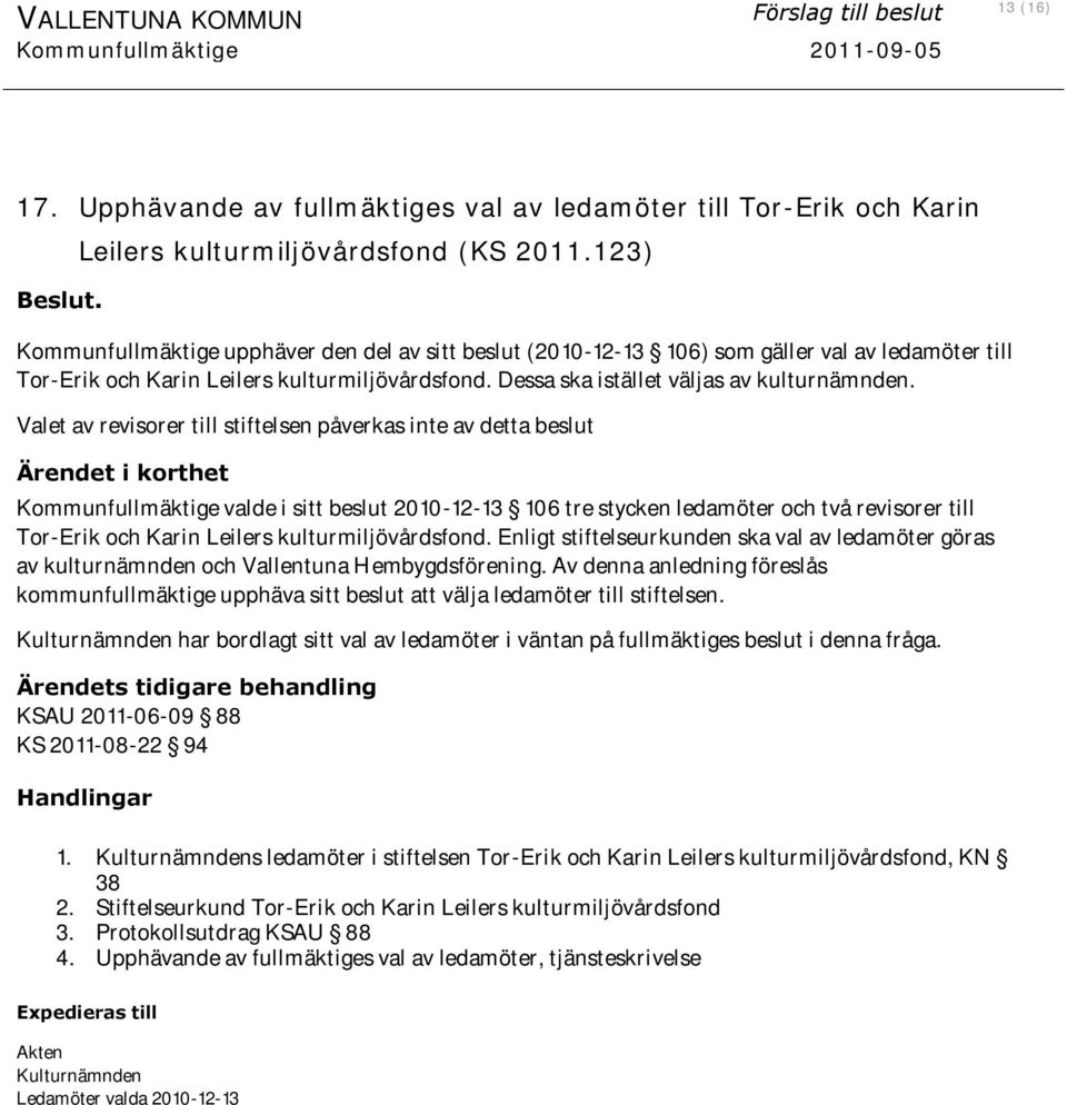 Valet av revisorer till stiftelsen påverkas inte av detta beslut Ärendet i korthet Kommunfullmäktige valde i sitt beslut 2010-12-13 106 tre stycken ledamöter och två revisorer till Tor-Erik och Karin