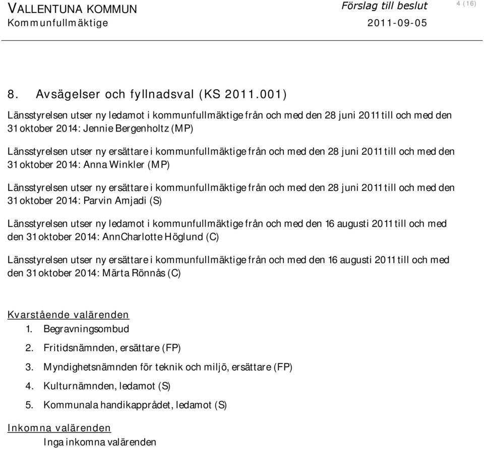 från och med den 28 juni 2011 till och med den 31 oktober 2014: Anna Winkler (MP) Länsstyrelsen utser ny ersättare i kommunfullmäktige från och med den 28 juni 2011 till och med den 31 oktober 2014: