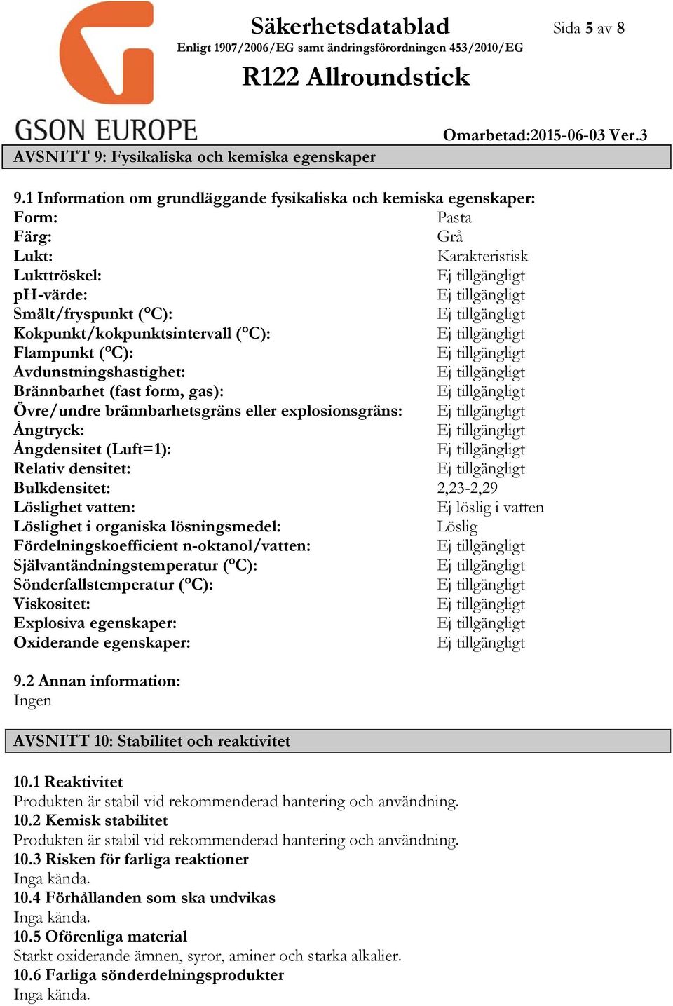 C): Avdunstningshastighet: Brännbarhet (fast form, gas): Övre/undre brännbarhetsgräns eller explosionsgräns: Ångtryck: Ångdensitet (Luft=1): Relativ densitet: Bulkdensitet: 2,232,29 Löslighet vatten:
