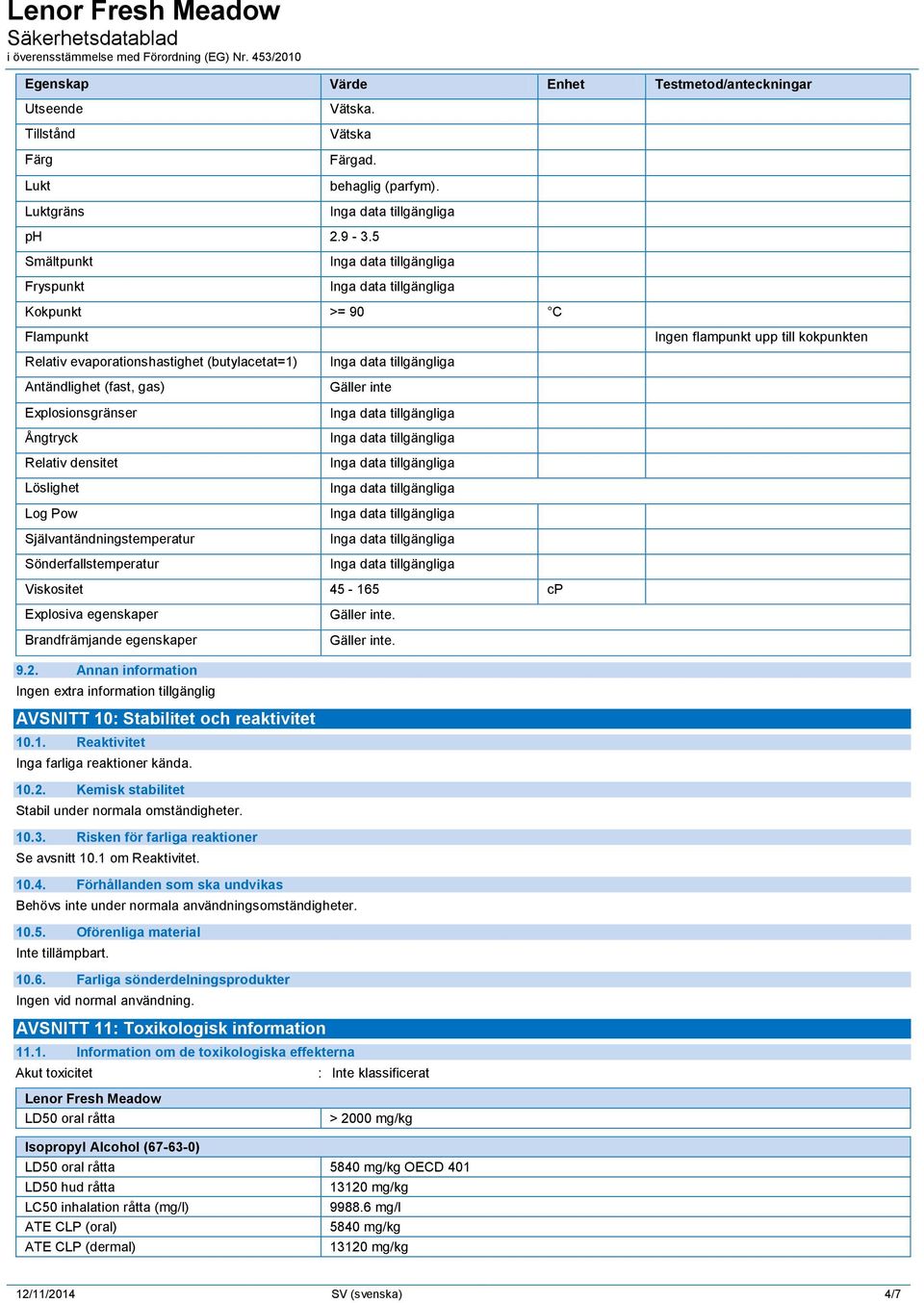 densitet Löslighet Log Pow Självantändningstemperatur Sönderfallstemperatur Viskositet 45-165 cp Explosiva egenskaper Brandfrämjande egenskaper.. 9.2.