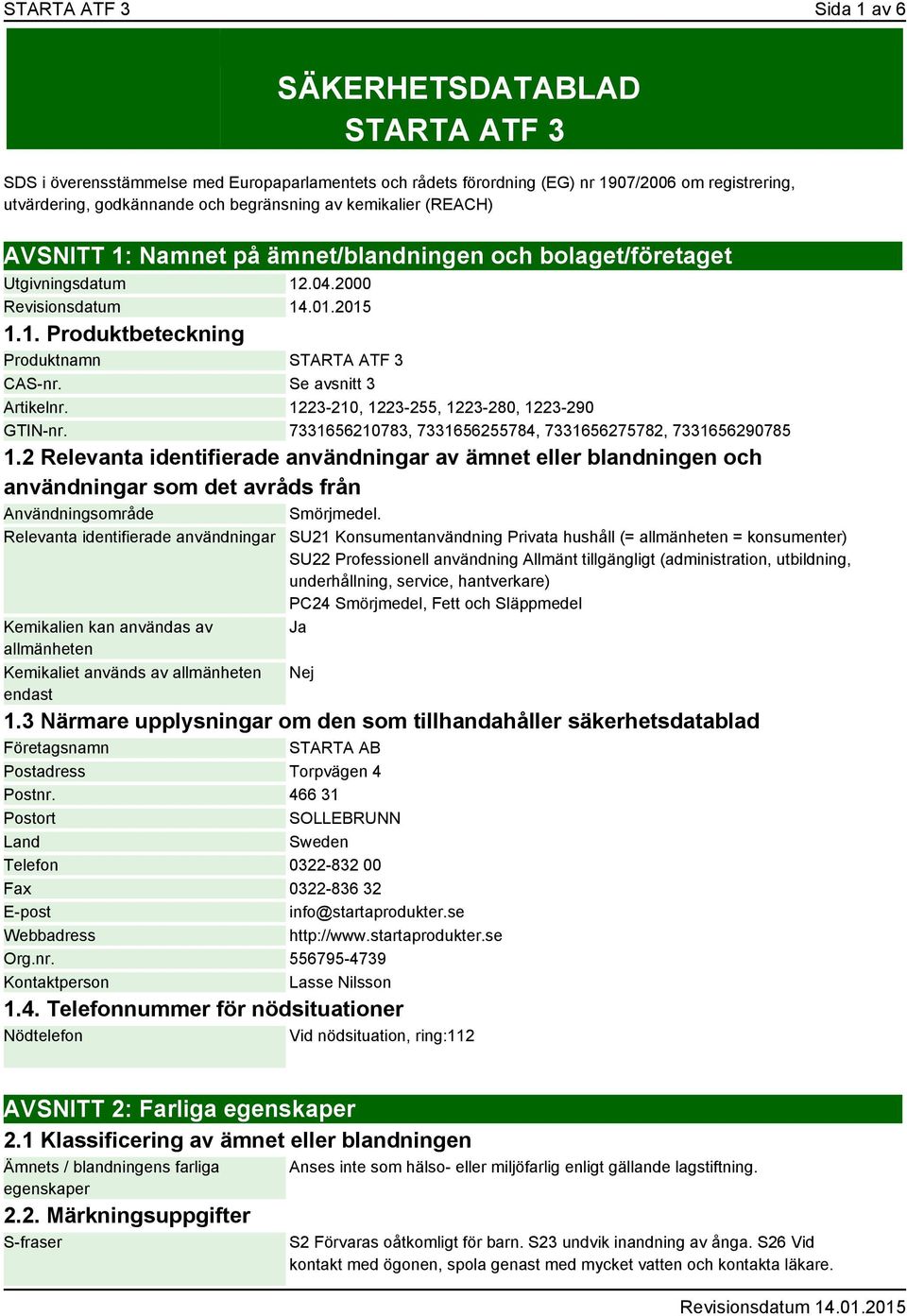1223-210, 1223-255, 1223-280, 1223-290 GTIN-nr. 7331656210783, 7331656255784, 7331656275782, 7331656290785 1.