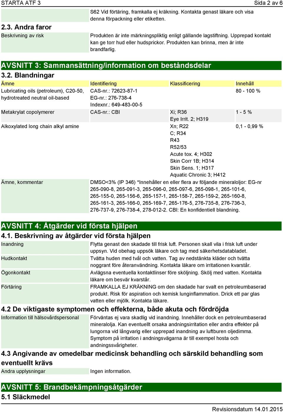 AVSNITT 3: Sammansättning/information om beståndsdelar 3.2. Blandningar Ämne Identifiering Klassificering Innehåll Lubricating oils (petroleum), C20-50, hydrotreated neutral oil-based CAS-nr.