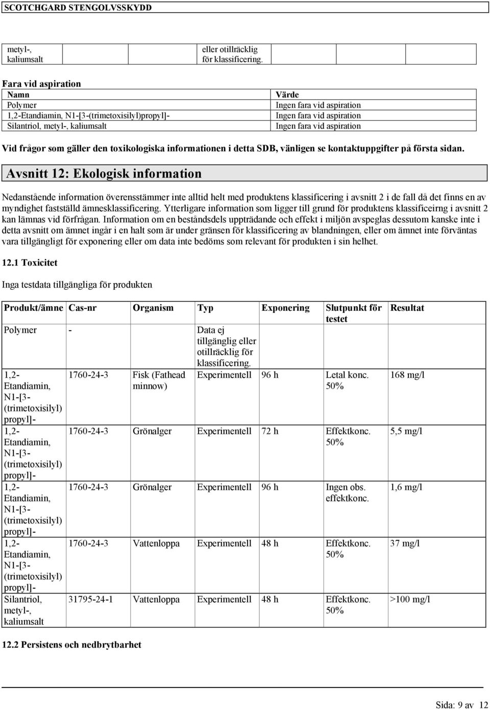 Avsnitt 12: Ekologisk information Nedanstående information överensstämmer inte alltid helt med produktens klassificering i avsnitt 2 i de fall då det finns en av myndighet fastställd ämnes