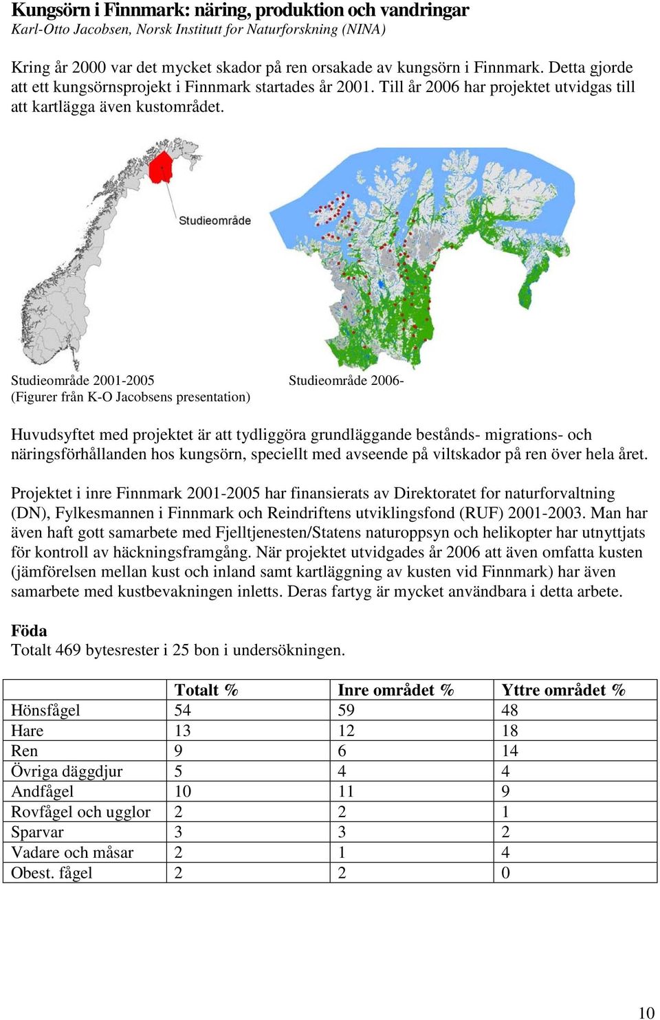 Studieområde 2001-2005 Studieområde 2006- (Figurer från K-O Jacobsens presentation) Huvudsyftet med projektet är att tydliggöra grundläggande bestånds- migrations- och näringsförhållanden hos