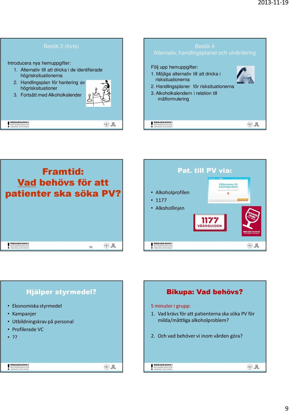 Handlingsplaner för risksituationerna 3. Alkoholkalendern i relation till målformulering Framtid: Vad behövs för att patienter ska söka PV? Alkoholprofilen 1177 Alkohollinjen Pat.