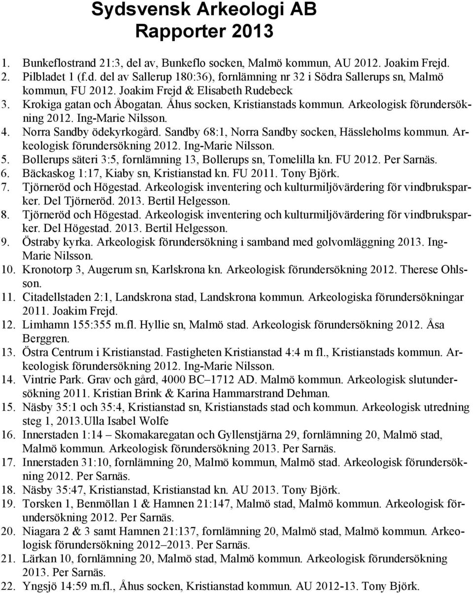 Sandby 68:1, Norra Sandby socken, Hässleholms kommun. Arkeologisk förundersökning 2012. Ing-Marie Nilsson. 5. Bollerups säteri 3:5, fornlämning 13, Bollerups sn, Tomelilla kn. FU 2012. Per Sarnäs. 6. Bäckaskog 1:17, Kiaby sn, Kristianstad kn.