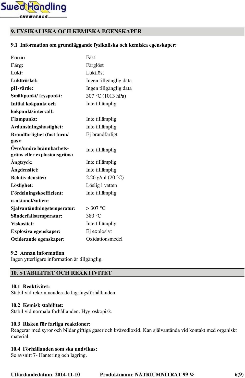 Luktlöst Ingen tillgänglig data Ingen tillgänglig data 307 C (1013 hpa) Avdunstningshastighet: Brandfarlighet (fast form/ Ej brandfarligt gas): Övre/undre brännbarhetsgräns eller explosionsgräns: