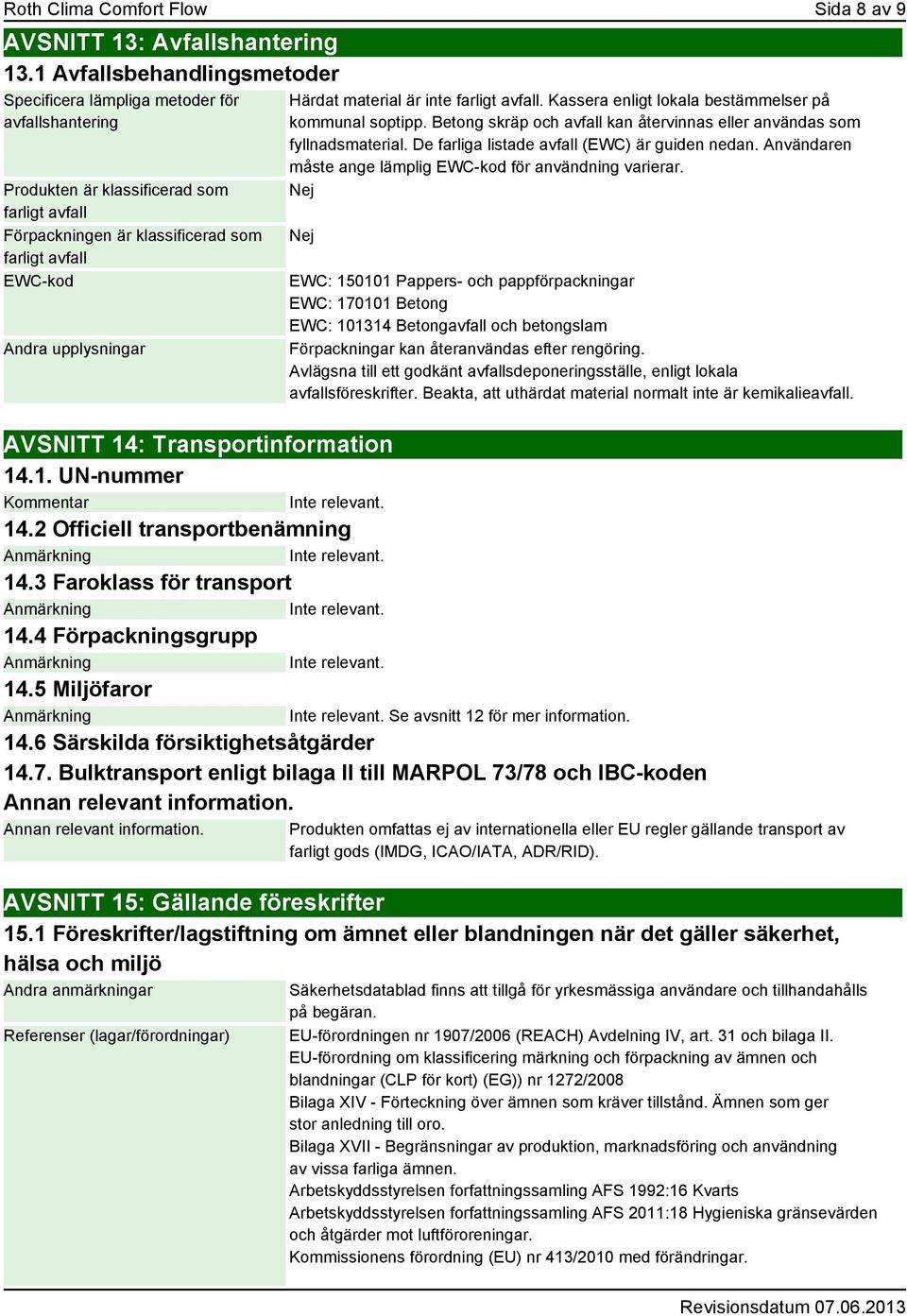 är inte farligt avfall. Kassera enligt lokala bestämmelser på kommunal soptipp. Betong skräp och avfall kan återvinnas eller användas som fyllnadsmaterial.