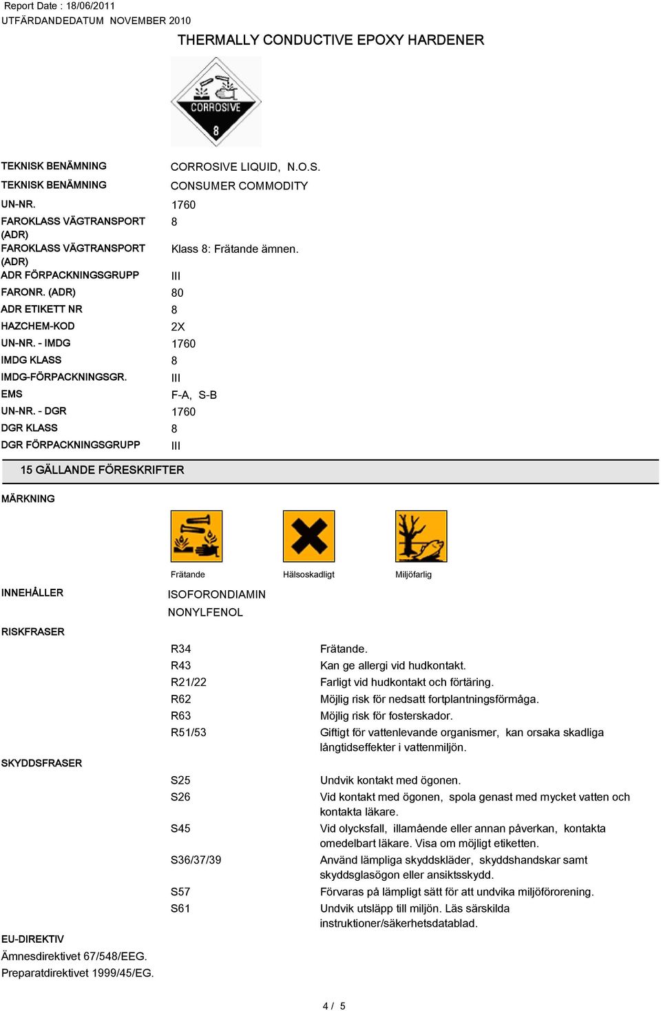 0 2X F-A, S-B 15 GÄLLANDE FÖRESKRIFTER MÄRKNING Frätande Hälsoskadligt Miljöfarlig INNEHÅLLER RISKFRASER SKYDDSFRASER EU-DIREKTIV Ämnesdirektivet 67/54/EEG. Preparatdirektivet 1999/45/EG.