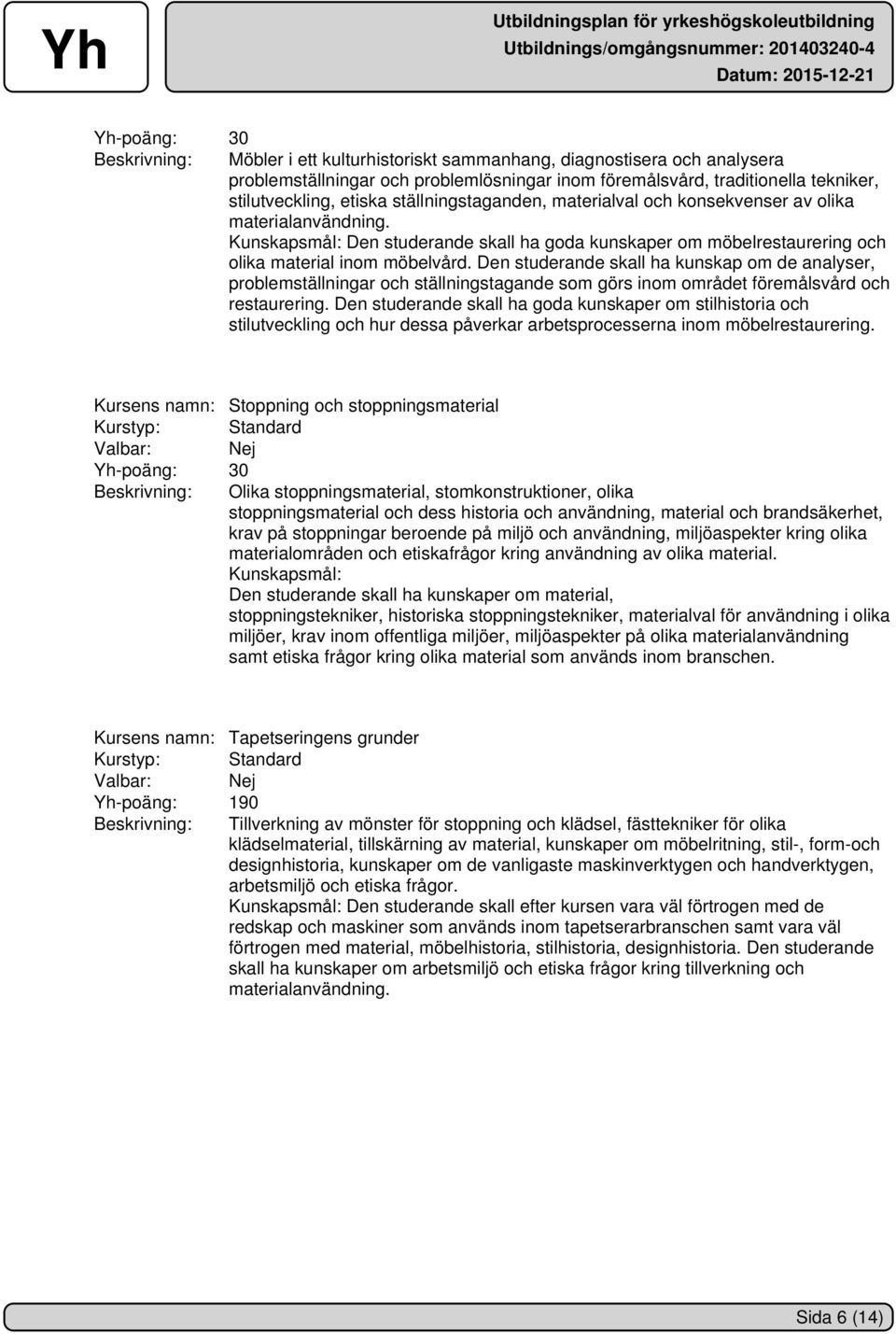 Den studerande skall ha kunskap om de analyser, problemställningar och ställningstagande som görs inom området föremålsvård och restaurering.