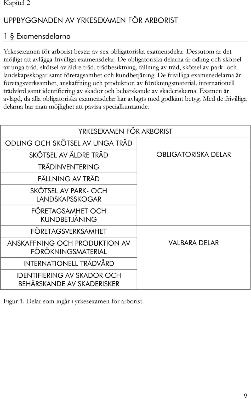 De frivilliga examensdelarna är företagsverksamhet, anskaffning och produktion av förökningsmaterial, internationell trädvård samt identifiering av skador och behärskande av skaderiskerna.