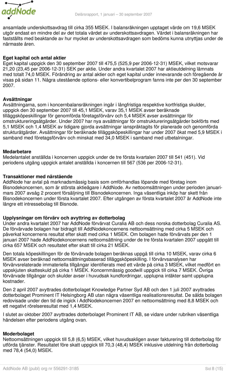 Eget kapital och antal aktier Eget kapital uppgick den 30 september 2007 till 475,5 (525,9 per 2006-12-31) MSEK, vilket motsvarar 21,20 (23,45 per 2006-12-31) SEK per aktie.