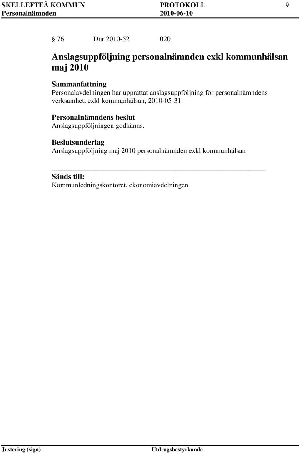 personalnämndens verksamhet, exkl kommunhälsan, 2010-05-31. Anslagsuppföljningen godkänns.