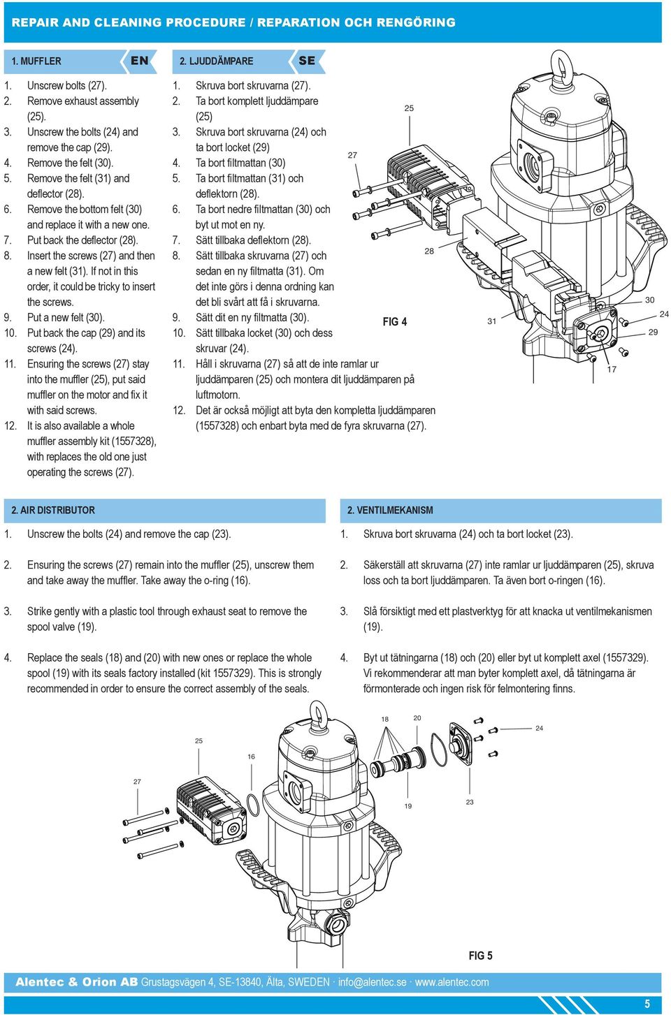 Put back the deflector (28). 8. Insert the screws (27) and then a new felt (31). If not in this order, it could be tricky to insert the screws. 9. Put a new felt (30). 10.