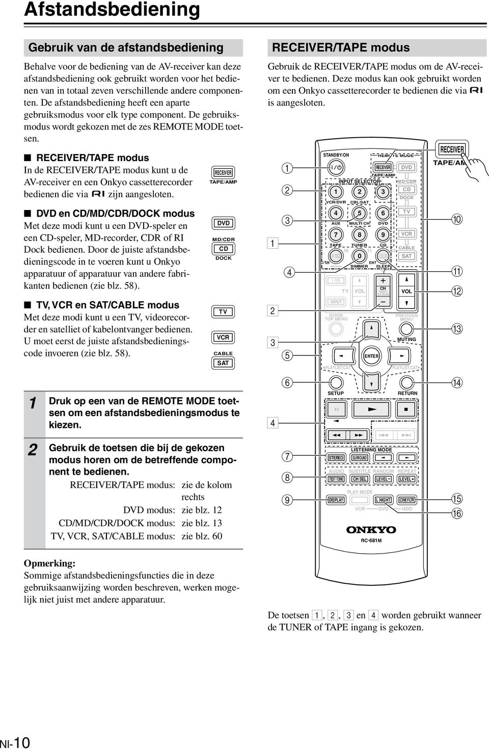 ECEIVE/TAPE modus In de ECEIVE/TAPE modus kunt u de AV-receiver en een Onkyo cassetterecorder bedienen die via zijn aangesloten.