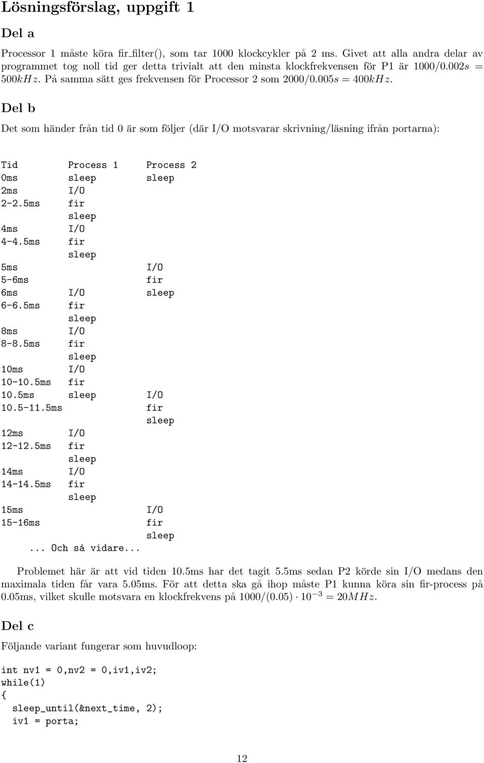 005s = 400kHz. Del b Det som händer från tid 0 är som följer (där I/O motsvarar skrivning/läsning ifrån portarna): Tid Process 1 Process 2 0ms sleep sleep 2ms I/O 2-2.5ms fir sleep 4ms I/O 4-4.