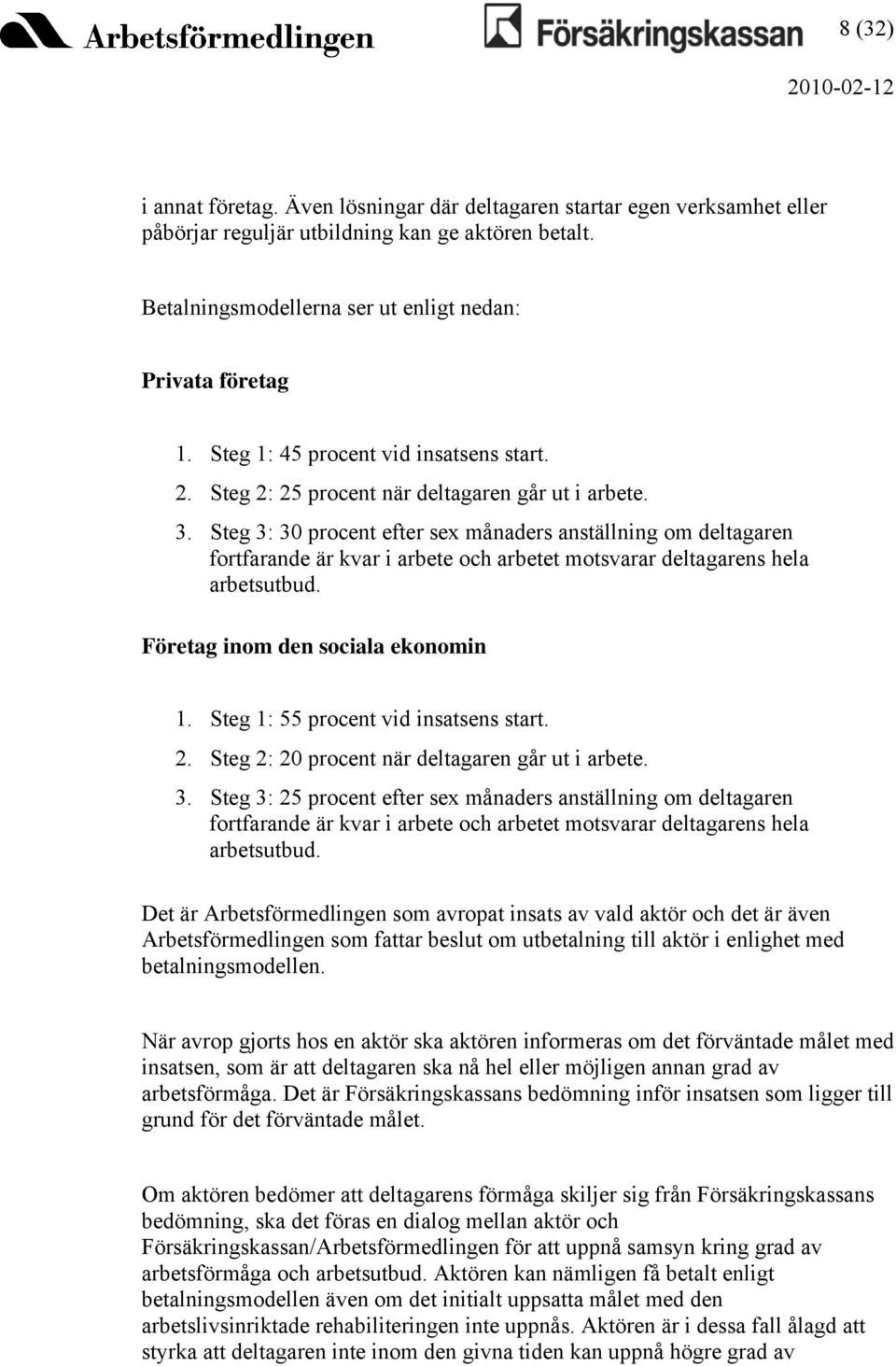 Steg 3: 30 procent efter sex månaders anställning om deltagaren fortfarande är kvar i arbete och arbetet motsvarar deltagarens hela arbetsutbud. Företag inom den sociala ekonomin 1.