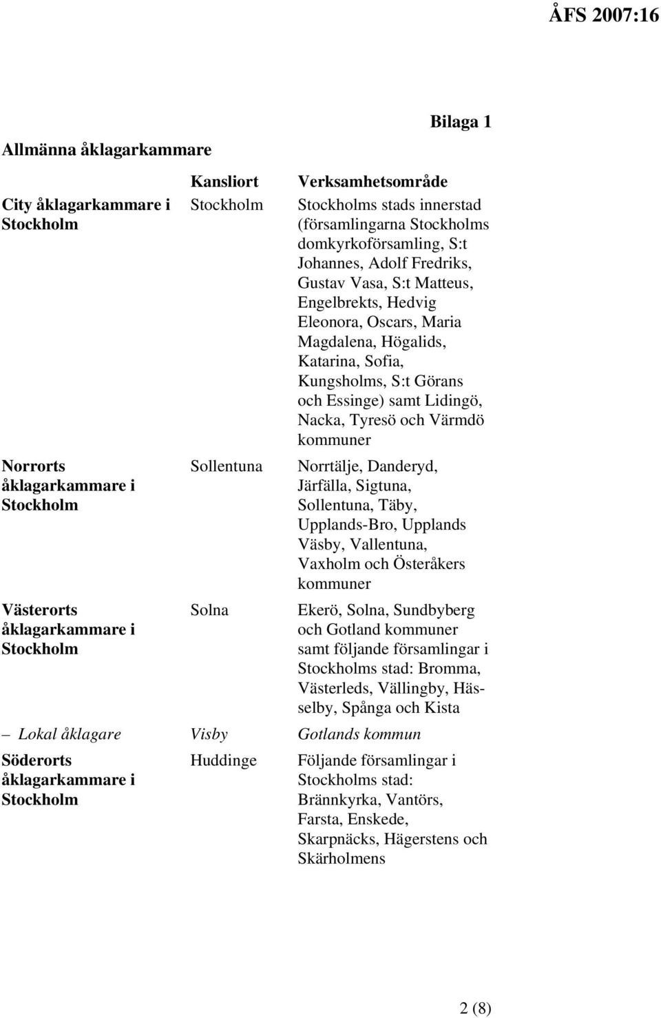 Sigtuna, Sollentuna, Täby, Upplands-Bro, Upplands Väsby, Vallentuna, Vaxholm och Österåkers Västerorts åklagarkammare i Solna Ekerö, Solna, Sundbyberg och Gotland samt följande församlingar i s stad: