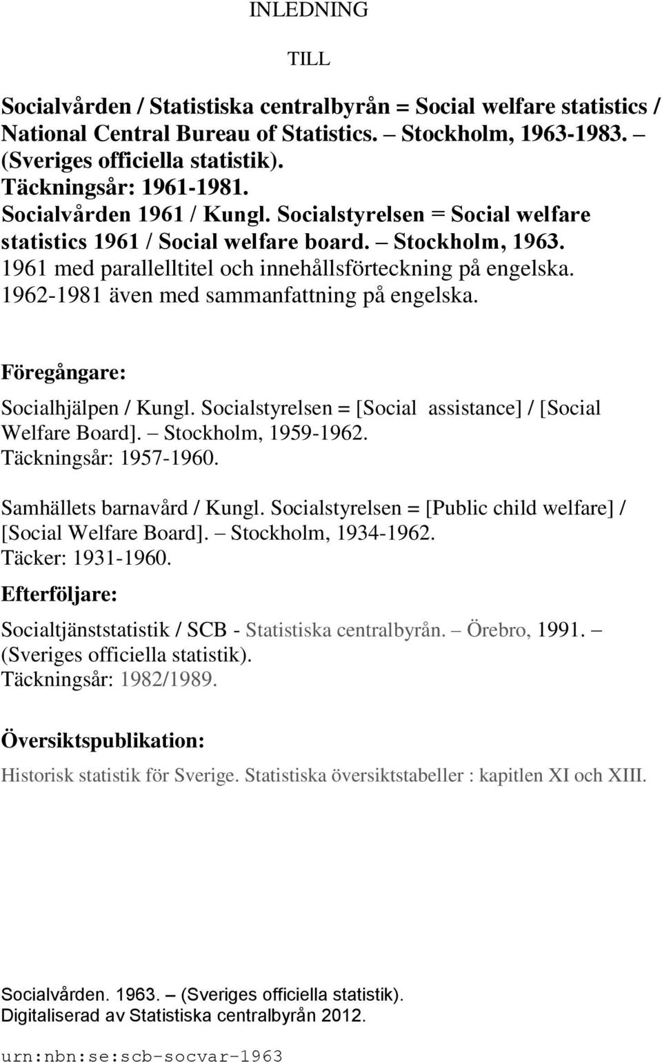1961 med parallelltitel och innehållsförteckning på engelska. 1962-1981 även med sammanfattning på engelska. Föregångare: Socialhjälpen / Kungl.