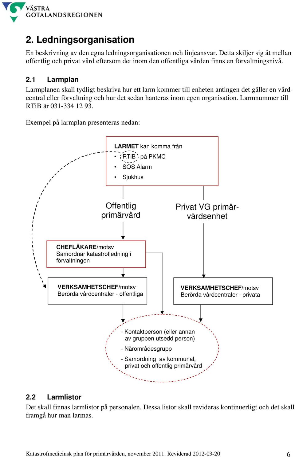 1 Larmplan Larmplanen skall tydligt beskriva hur ett larm kommer till enheten antingen det gäller en vårdcentral eller förvaltning och hur det sedan hanteras inom egen organisation.