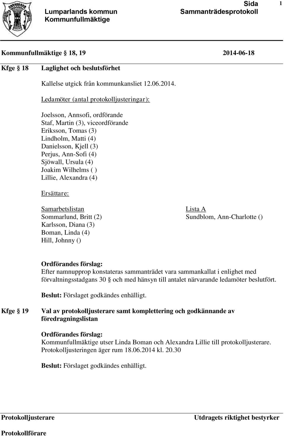 Ledamöter (antal protokolljusteringar): Joelsson, Annsofi, ordförande Staf, Martin (3), viceordförande Eriksson, Tomas (3) Lindholm, Matti (4) Danielsson, Kjell (3) Perjus, Ann-Sofi (4) Sjöwall,