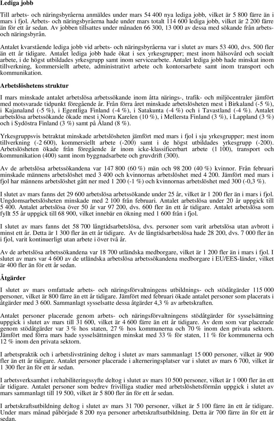 Av jobben tillsattes under månaden 66 3, 13 av dessa med sökande från arbetsoch näringsbyrån. Antalet kvarstående lediga jobb vid arbets- och näringsbyråerna var i slutet av mars 53 4, dvs.